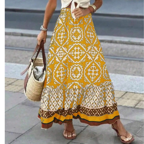 Boho Color Block Print Stretchy Waist Ruffle Hem Skirt - Picture 13 of 14